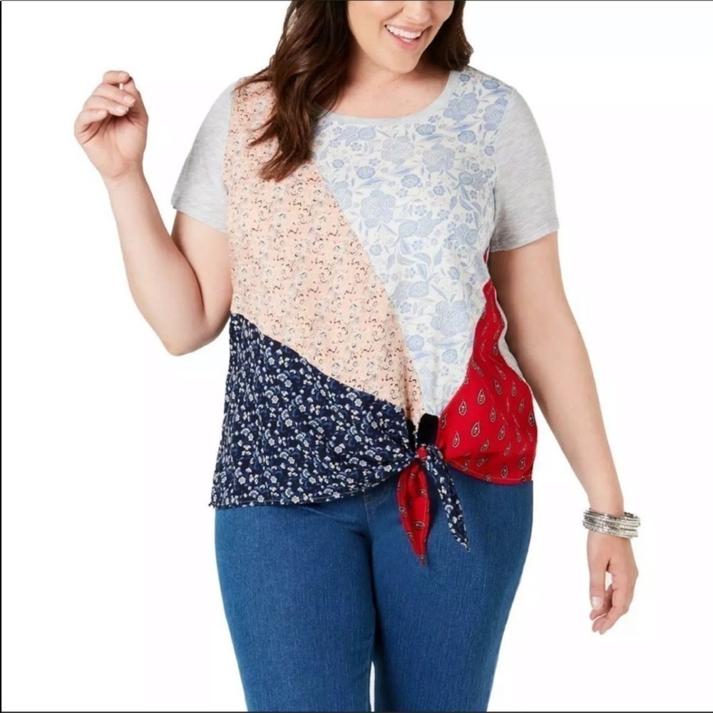 NEW Style & Co Plus Size Blouse Patchwork Top Short Sleeve Women’s Plus 3X